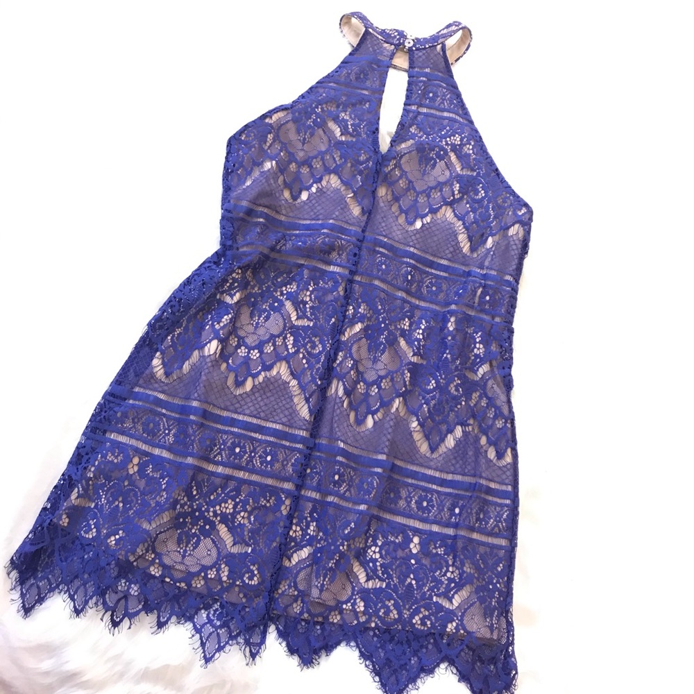 Crystal Doll purple lace nude halter top dress, L - Picture 6 of 8